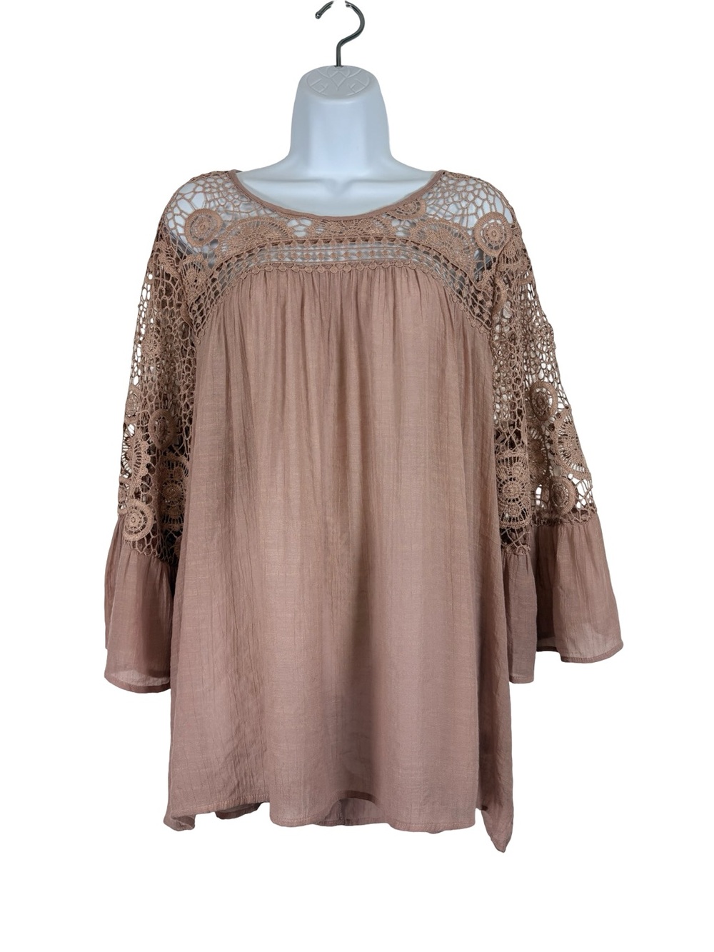 Indigo Rose Boho Lace Blouse 3X Mauve Crochet Bell Sleeve Peasant Top Romantic